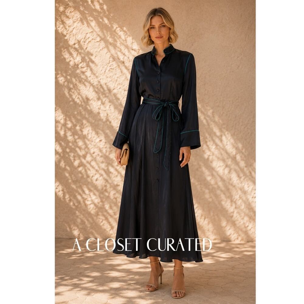 Baruni Button Front Belted Maxi Dress Small Blue NWT
